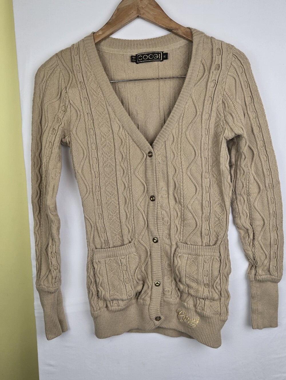 Coogi Tan Cable-Knit 3D Longer Cardigan Womens Sz M( FITS SMALLER)